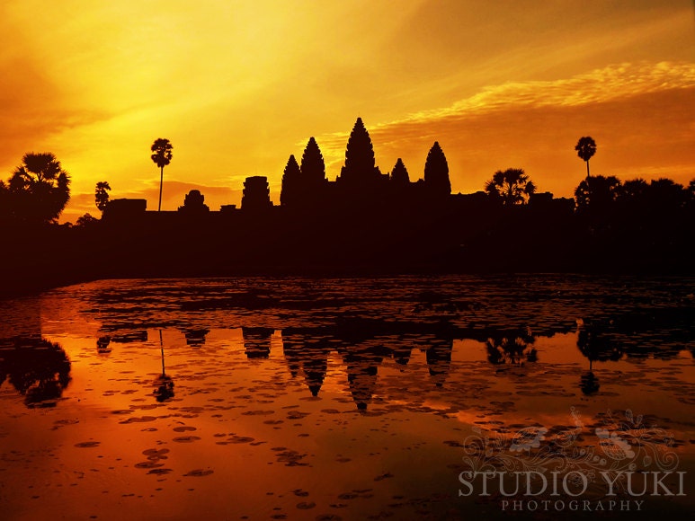 Sunset Landscape Photography Print, Travel, Asia, Cambodia, Angkor Wat, Nature, Trees, 9x12, Reflection - The Night's on Fire