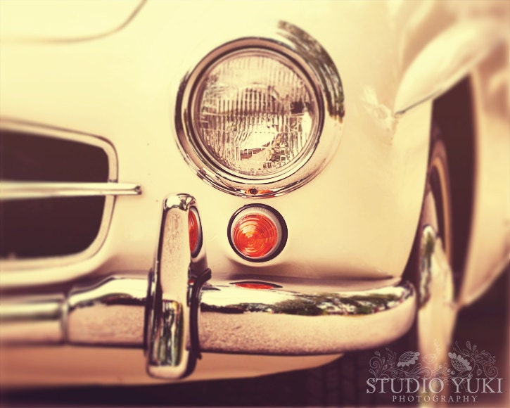 Classic Car Photo, Pastel White Wedding Car, Vintage Mercedes Benz, Rustic, Abstract Fine Art Print, Chrome - The Lady's Got Class