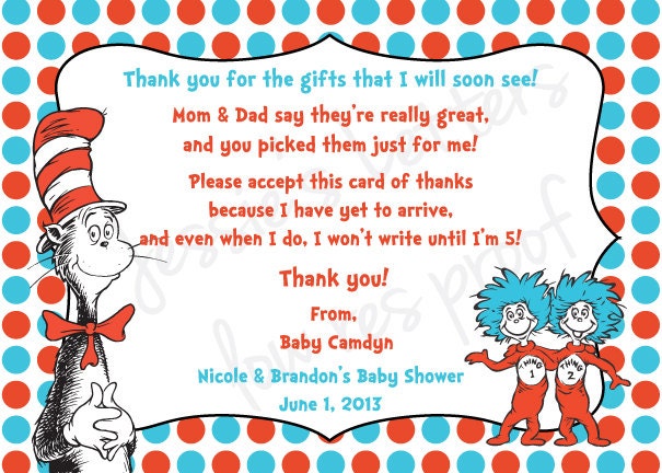 RESERVED Custom Made Dr. Suess Baby Shower Thank You Card