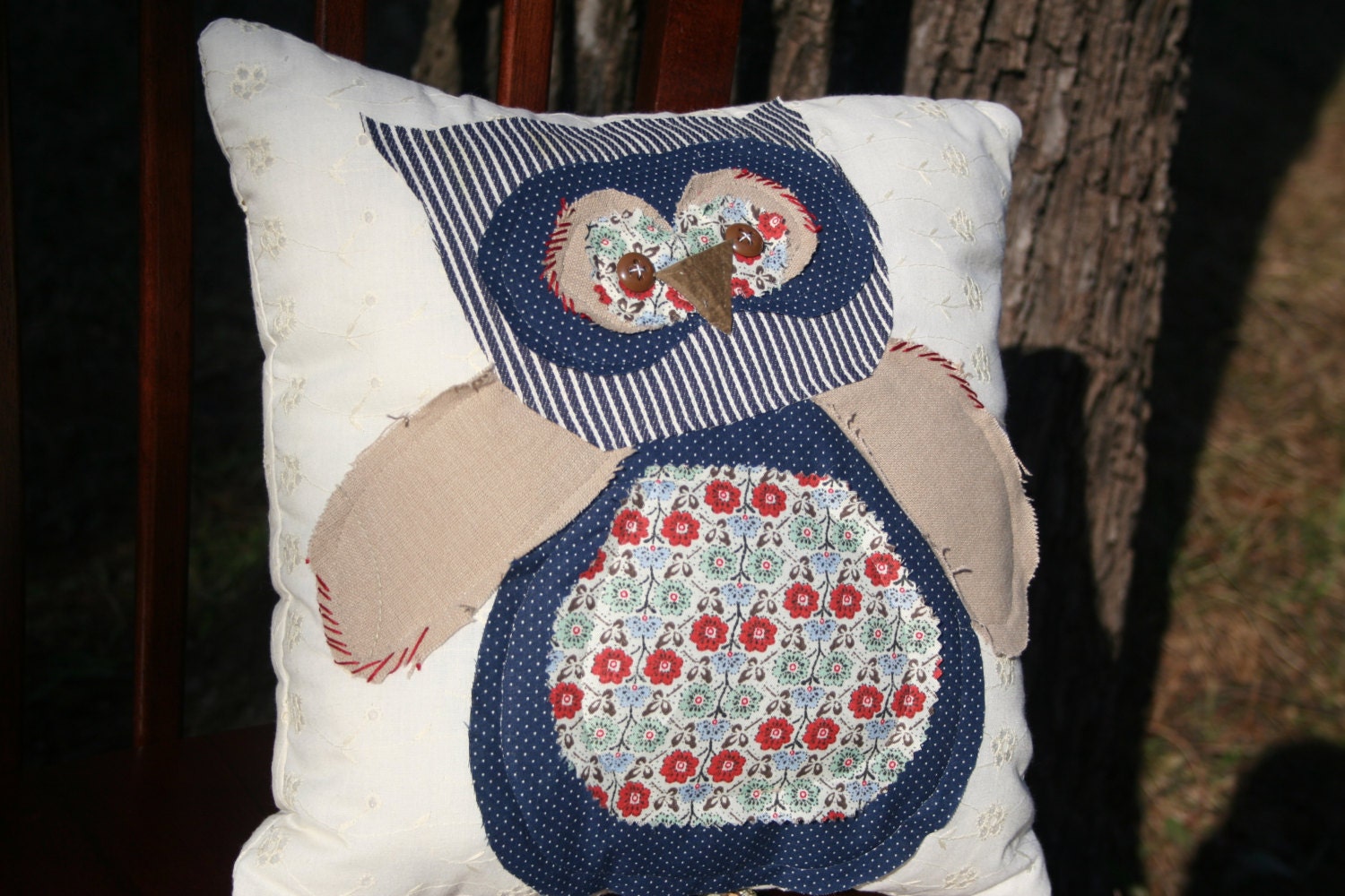 owls, pillows made from vintage and repurposed fabrics/buttons