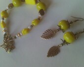 Spring Jewelry Set, Bright Yellow and Neon Lime Ceramic Beaded and Brass Bracelet and Earring Set , Bold Statement  Jewelry