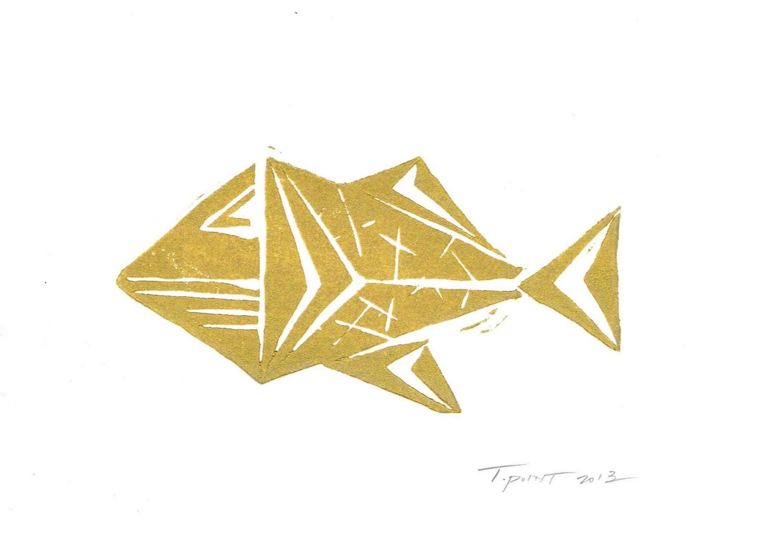 SALE Abstract Tribal Fish Nautical Illustration Art Block Print 4 x 6 Home Decor / Gold or Silver / Hand Pulled Linocut