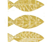 SALE LIMITED EDITION Three Tribal Fish Nautical Illustration Art Block Print 8 x 10 Home Decor / Gold, Silver / Hand Pulled Linocut