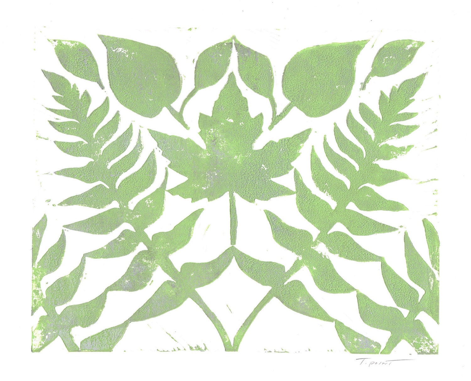 SALE Mirrored Leaves Botanical Floral Art Block Print 8 x 10 Home Decor / Bright Green with Silver Accents / Hand Pulled Linocut / Nature