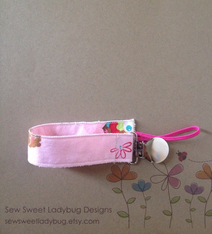 Soothie Fabric Pacifier Clip in Riley Blake Hoo's in the Forest Baby Girl Pacifier Clip Ready to Ship