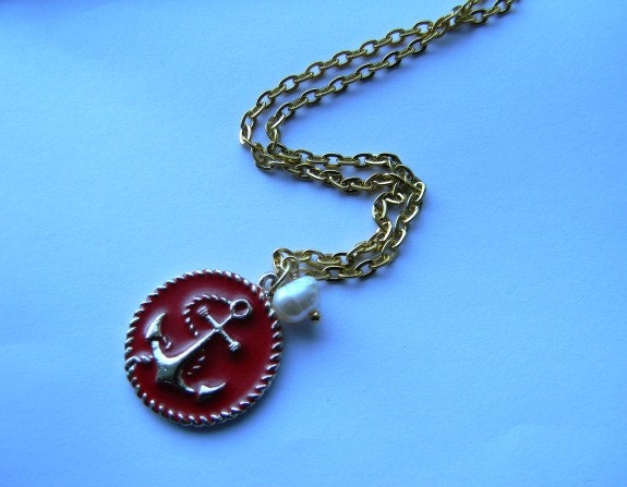 Red & Gold Anchor Pendant with a Fresh Water Pearl Necklace