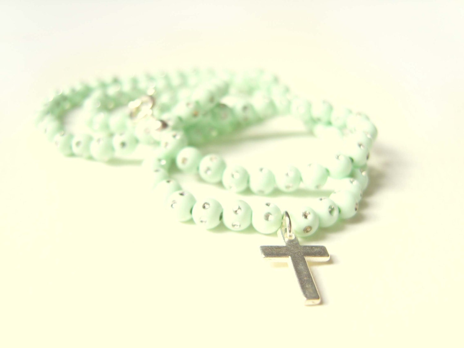 Mint Necklace, Mint Beaded Necklace, Silver Cross Necklace, Mint Jewelry UK