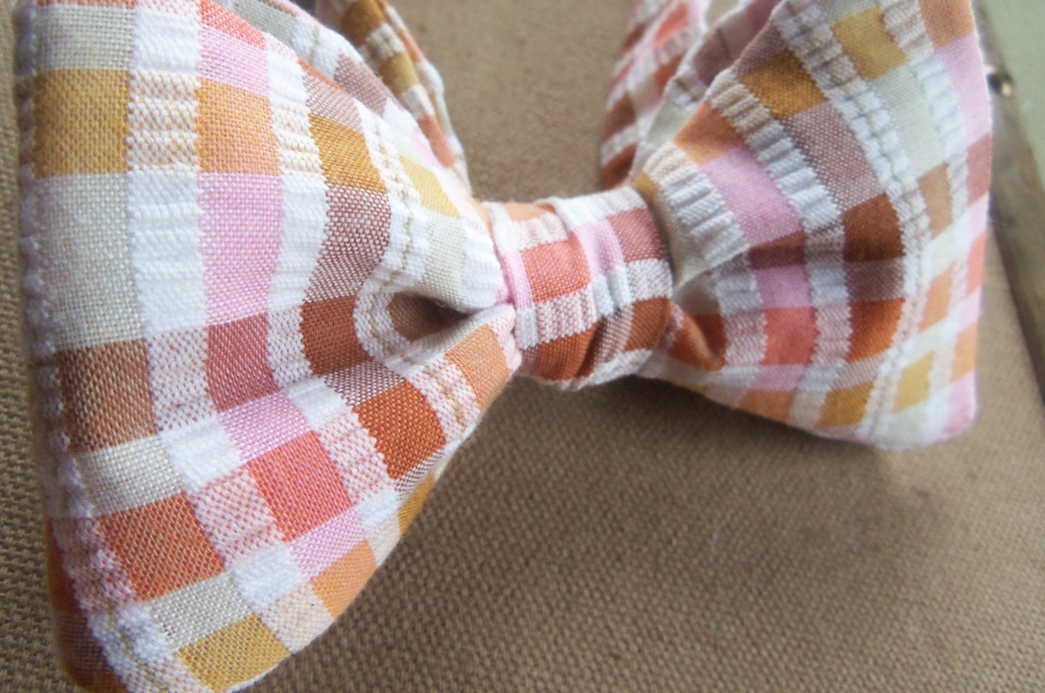 Picnic - Men's Adjustable Self-Tie Bow Tie in Pink, Brown and White Fabric