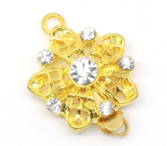 Pinch Push Clasp with Clear Rhinestones Gold 22x17mm 2sets- Ships Immediately from California - FC81