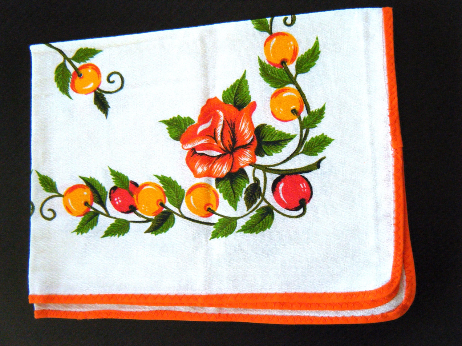Retro Picnic Tablecloth, vintage 1950's 1960's orange flower & fruit berry white mat, small cotton cloth table covering, bright home decor