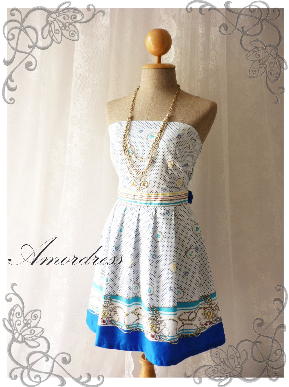 Nautical Dress Summer Dress Blue Nautical Strapless Mini Dress Summer Sundress