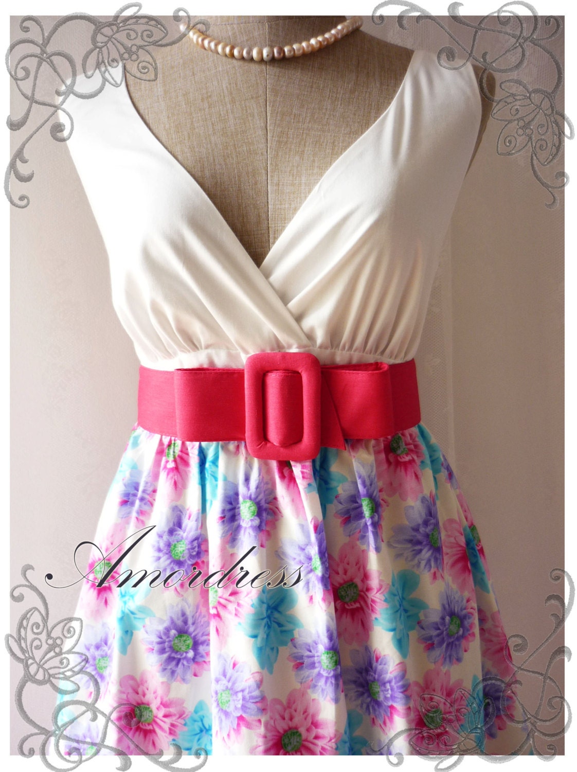 Floral Goddess- Summer Floral Two Tone Dress Pink Blue Flower Sweet Dress Cotton Summer Dress Party Colorful Everyday Dress-S-M-