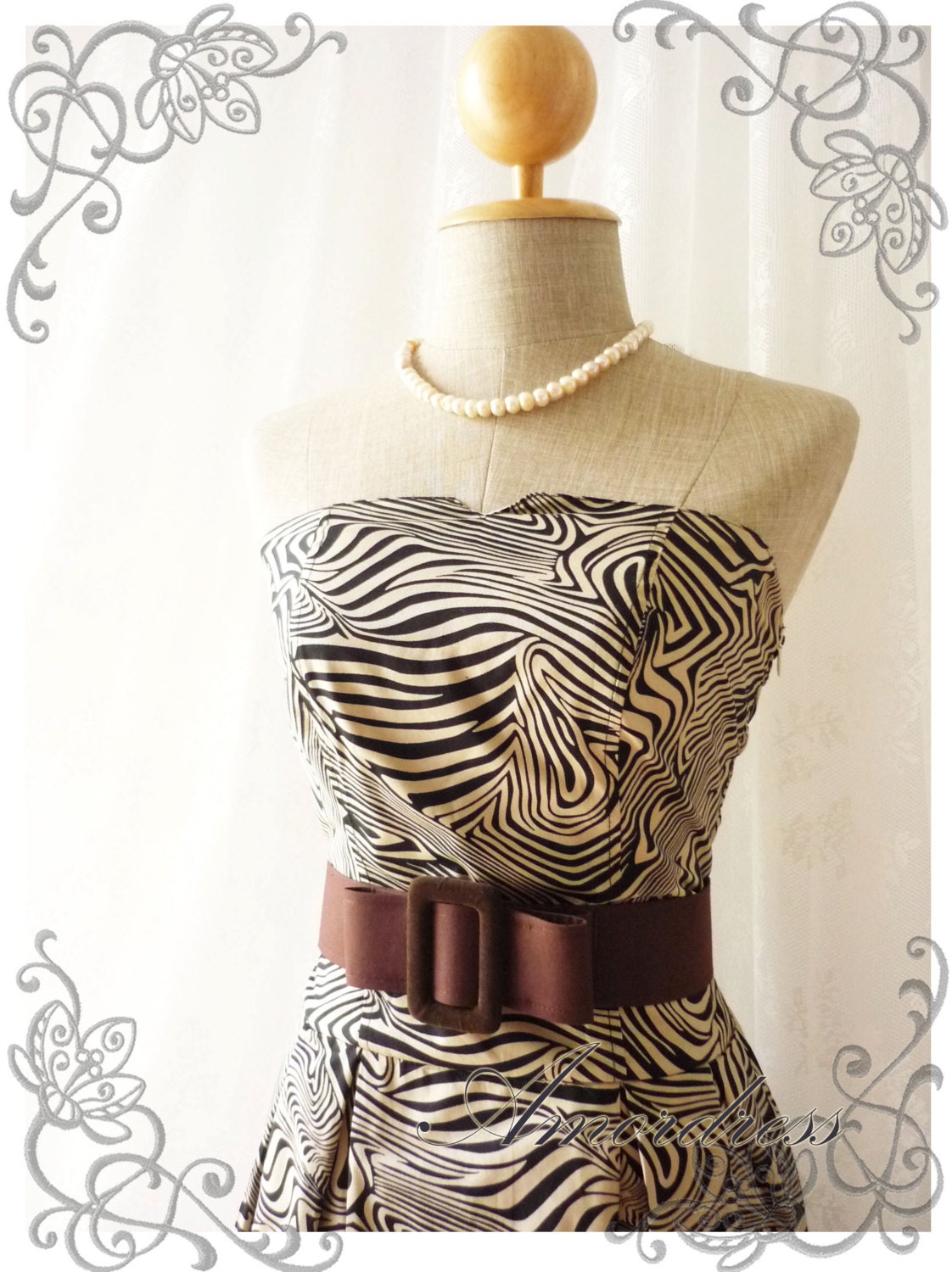 Hot in Party - Beige Brown Strapless Dress Puzzle Filigree Summer Dress Retro Dress Party Dress Tea Dress Holiday Perfection -Size S-M-