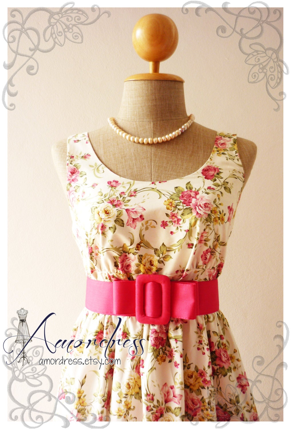Beloved Tea Dress Floral Dress Vintage Inspired Dress Retro Party Garden Wedding Bridal Holiday Event Special Party Everyday Dress -Size S-