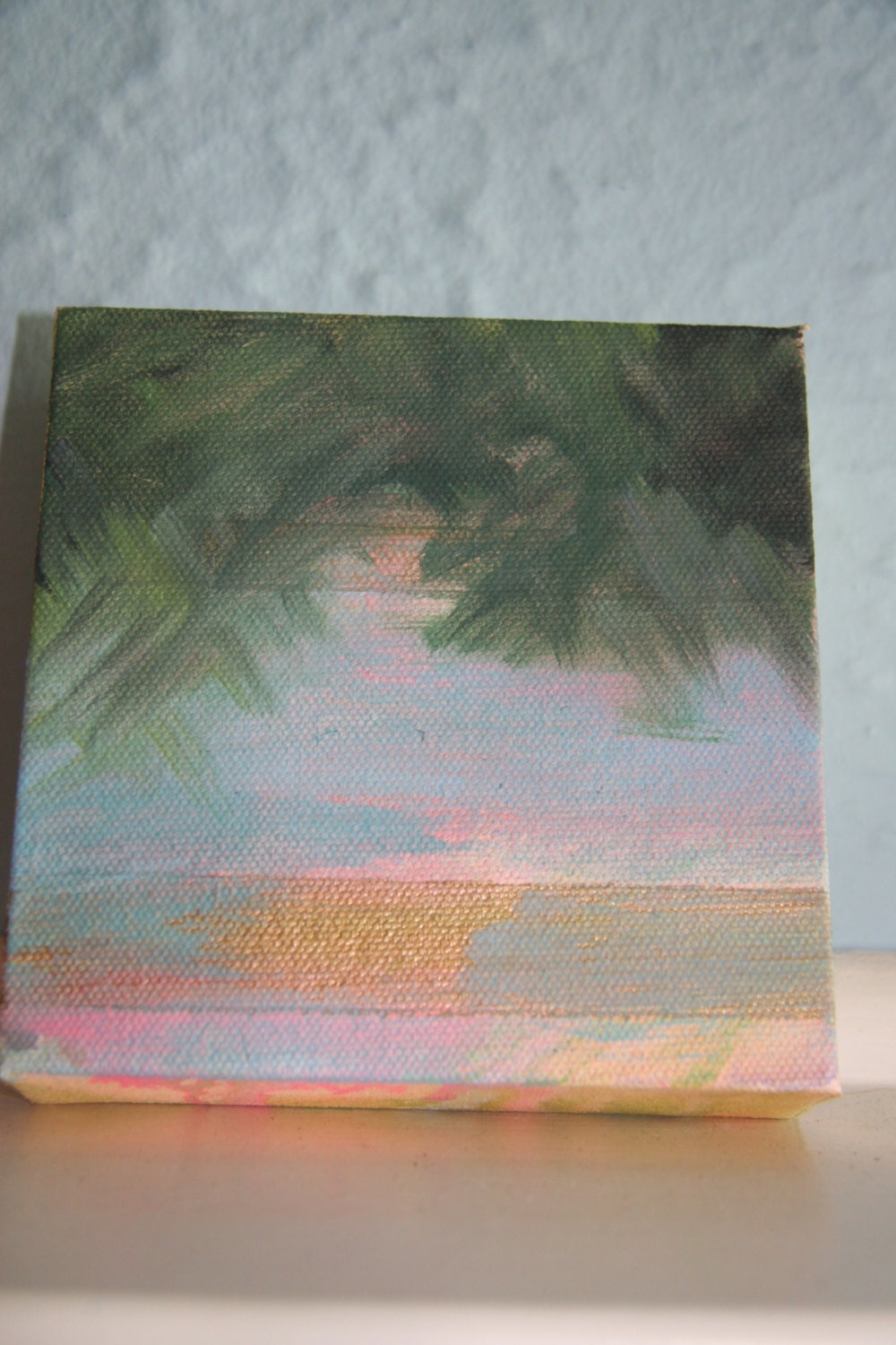 Fine art painting, acrylic on canvas, play of  light, painterly brushstrokes in greens, pale blues pinks and blues with diffused gold stripe