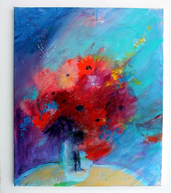 Acrylic Painting Still Life Floral "Summer Flowers in a Blue Room"