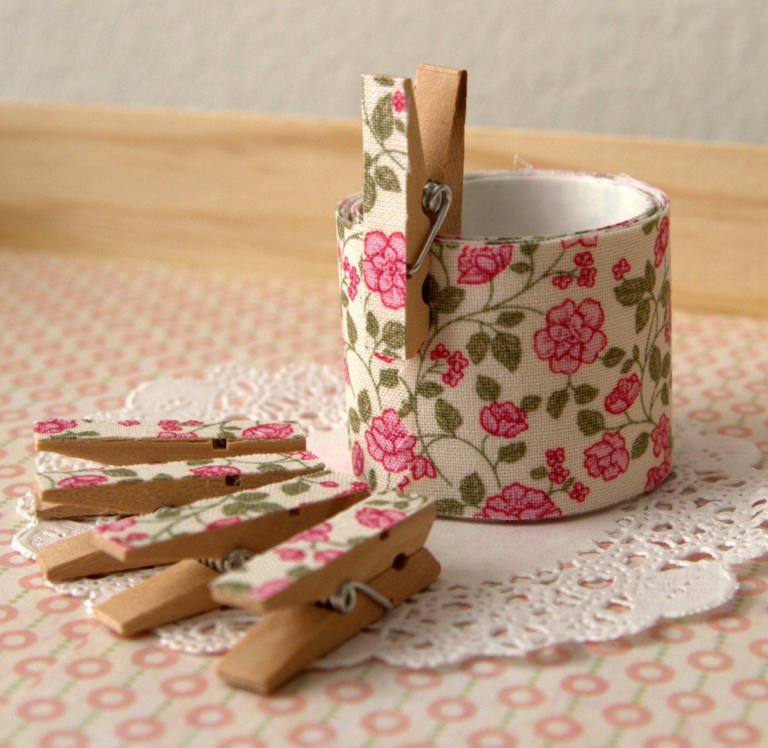 Cotton Fabric Tape with Matching Clothespins / Pink Flowers on Vine / Handmade by Lovenote Crafts