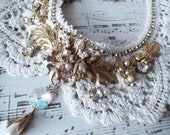 Ivory Lace Collar Necklace with Vintage Earrings, Brass, Rhinestones and Glass Pearl Drop