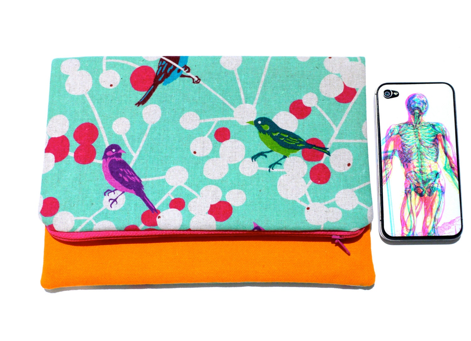 Foldover clutch zip purse zipper clutches blue echino turquoise clutch evening bag handbag fabric wedding aqua clutch bags purses bird