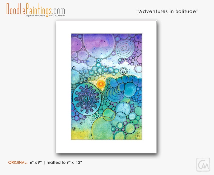 DoodlePainting ORIGINAL 9x12 Abstract Circles Landscape Watercolor in Mat: Adventures in Solitude