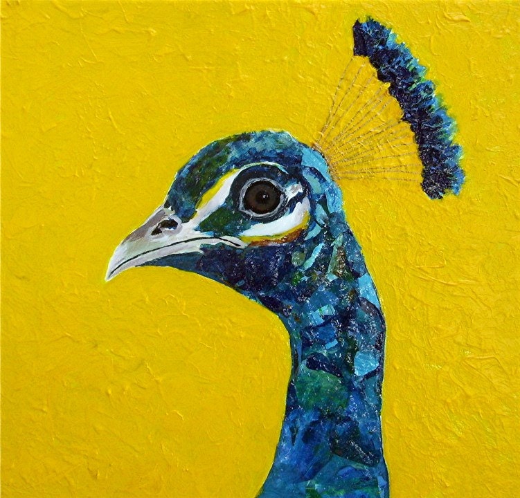 Peacock, Bird, Animal, Wild Life -  Original  12"  x  36"  textured, unique   Acrylic  Collage Painting  by ebsq Artist Ricky Martin