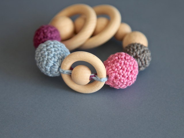 Teething rings toy rattle with crochet wooden beads and 3 wooden rings. Blue, pink, grey, lilac