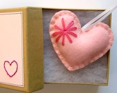 the Laura Box and Heart Ornament - embroidered pink heart on kraft brown box, hand-sewn pink felt heart ornament inside