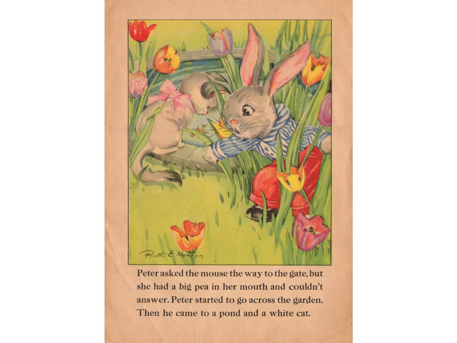 Vintage Childrens Book Page 1930s Peter Rabbit Easter Kitten Mouse