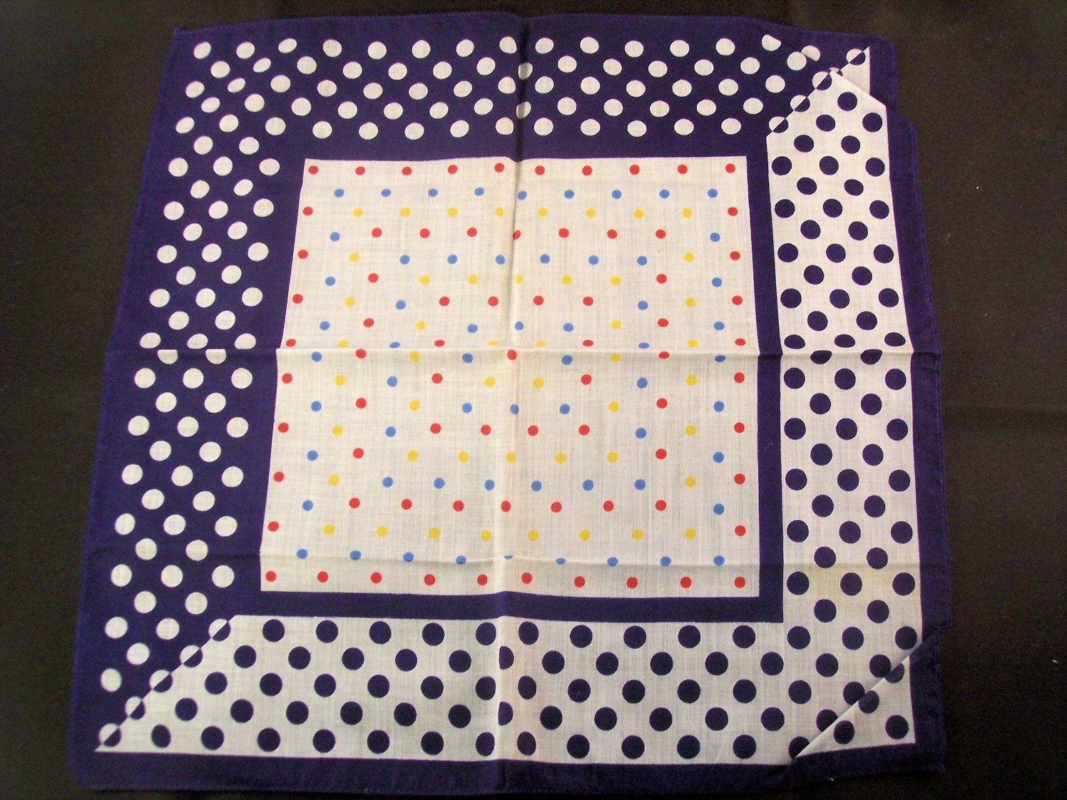 Vintage Handkerchief Polka Dots Blue White Yellow Red Cotton Hanky