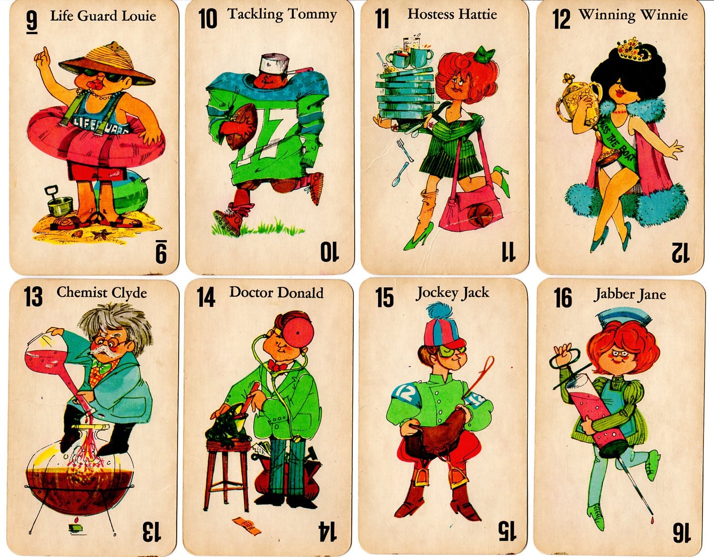 Vintage Jumbo Old Maid Cards 1967 Life Guard, Football Player, Beauty Queen, Doctor, Jockey Lot of 8 Large Cards