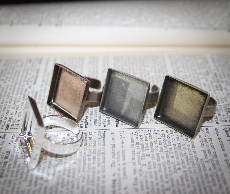 6 KIT Ring Square bases and Glass Cabochons - 20mm 3/4inch Blank base setting antique Bronze, copper, silver plated,  Adjustable - findings