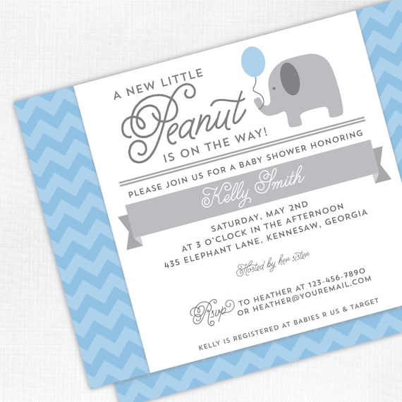 Elephant Baby Shower Invitation - blue and grey chevron - PRINTED - Printable file also available Il_570xn
