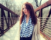Plaid Infinity Scarf Spring Cowl  Summer Fall Long Womens Checkers Blue White Ladies Light Scarf