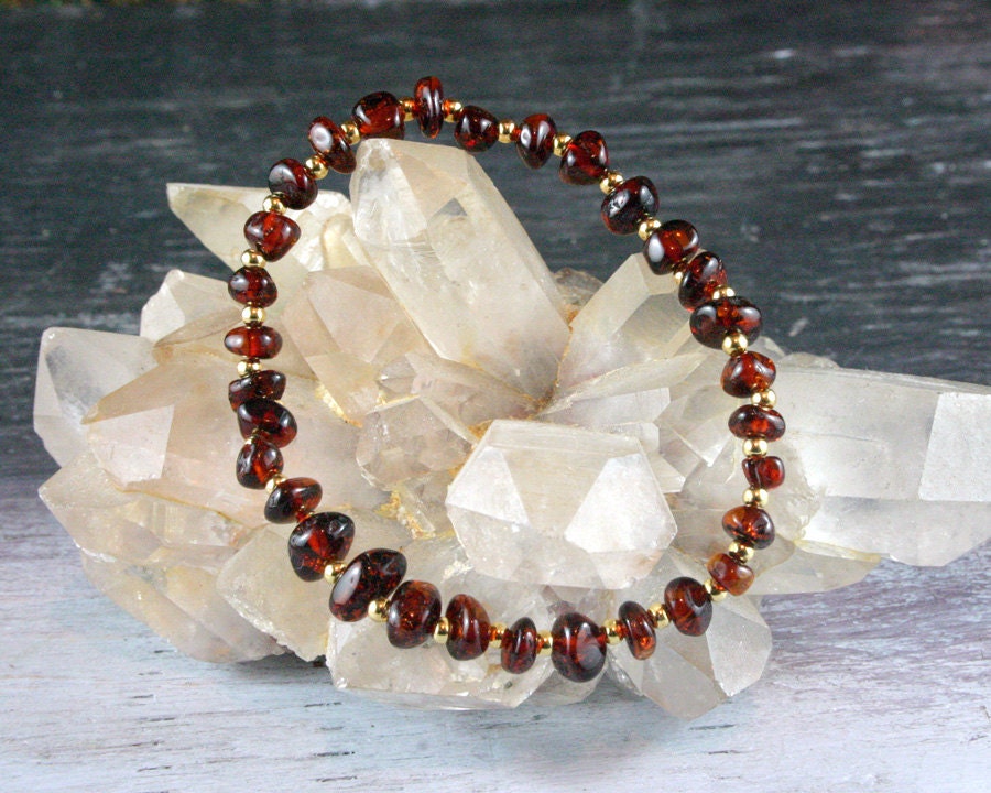 Baltic Amber Stretch Bracelet - Ethnic Jewelry - Red Cognac Amber - Gold Plate Beads - Fine Jewelry - Statement Bracelet - Beadwork