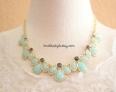 Mint Tear Drop with Grayish Blue  Rhinetone Gold Chain Statement Necklace , Bib Necklace, Bridal Necklace, Bridesmaid Necklace