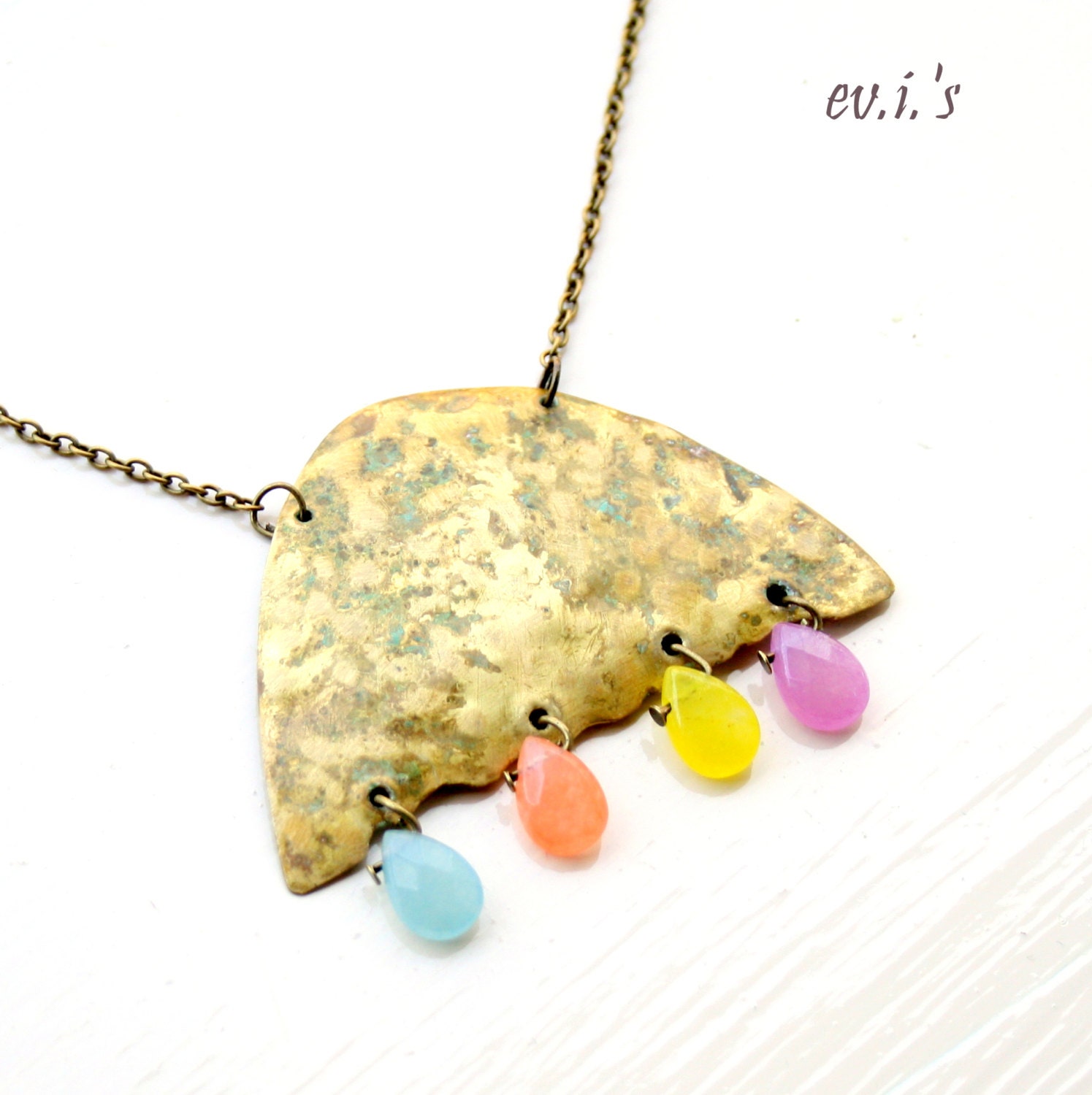 Blue Yellow Purple Jade Teardrops Brass Umbrella Handcrafted Eco Friendly Oxidized Metalwork Bohemian Bib Statement Necklace Gift for Her