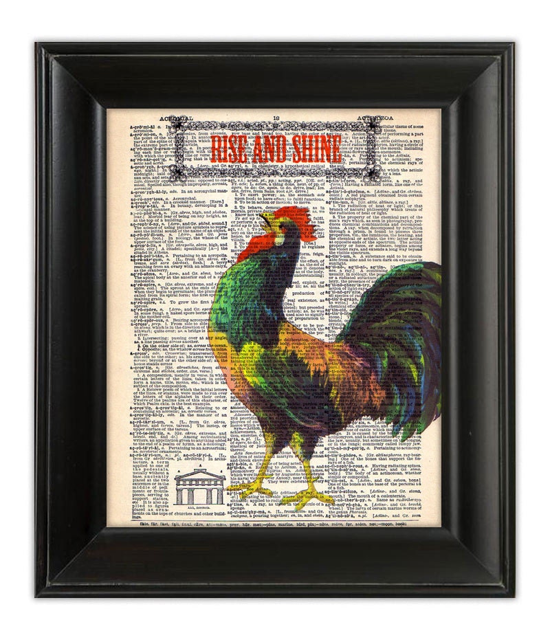 ROOSTER Print Chicken Bird Rise and SHINE Farm Barn Animal Illustration Art Print on Antique 1930s English Dictionary Book Page 8x10