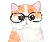 Watercolor cat painting, cat art, hipster, nerdy, glasses, animal illustrations, orange cat, cat print - 8X10