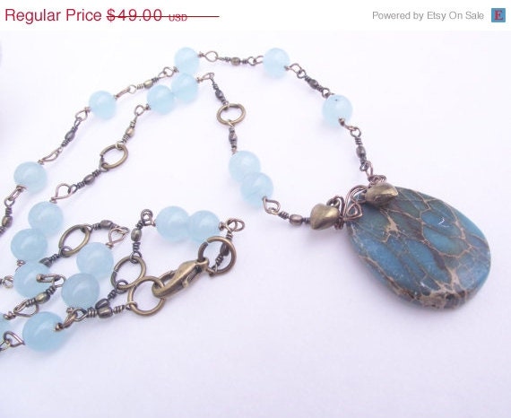 ON SALE Aqua Jade Necklace, Aqua Terra Jasper and Jade, Brass accents and Hearts, Mothers Day,Spring Fashion,Love Boat , Handmade by Lyrisg