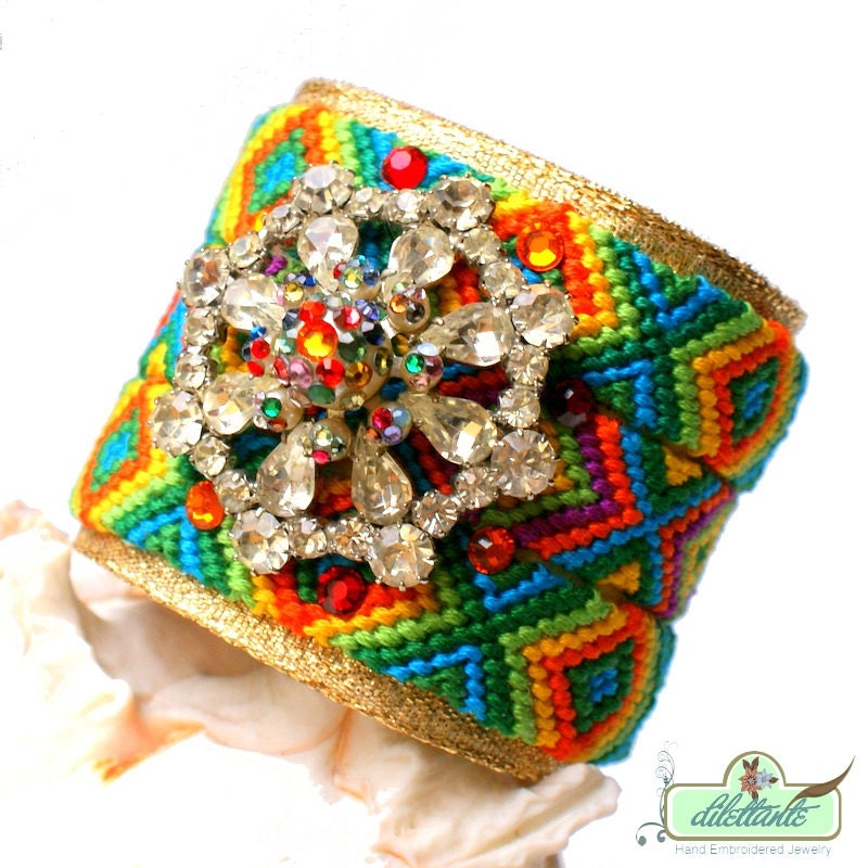 Swarovski Crystal Friendship Bracelet Cuff - Vintage Rhinestones - green- gold- yellow- turquise