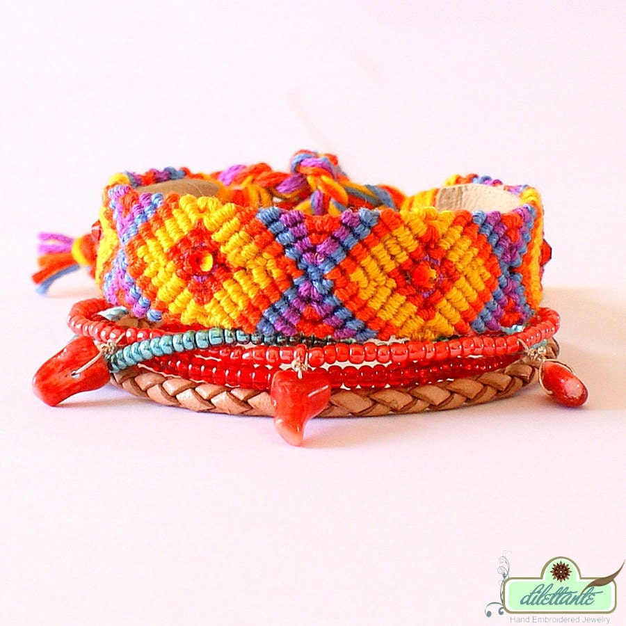 Bohemian hippie gypsy bracelet - multiple rows in coral red and turquoise - Swarovski Friendship Bracelet
