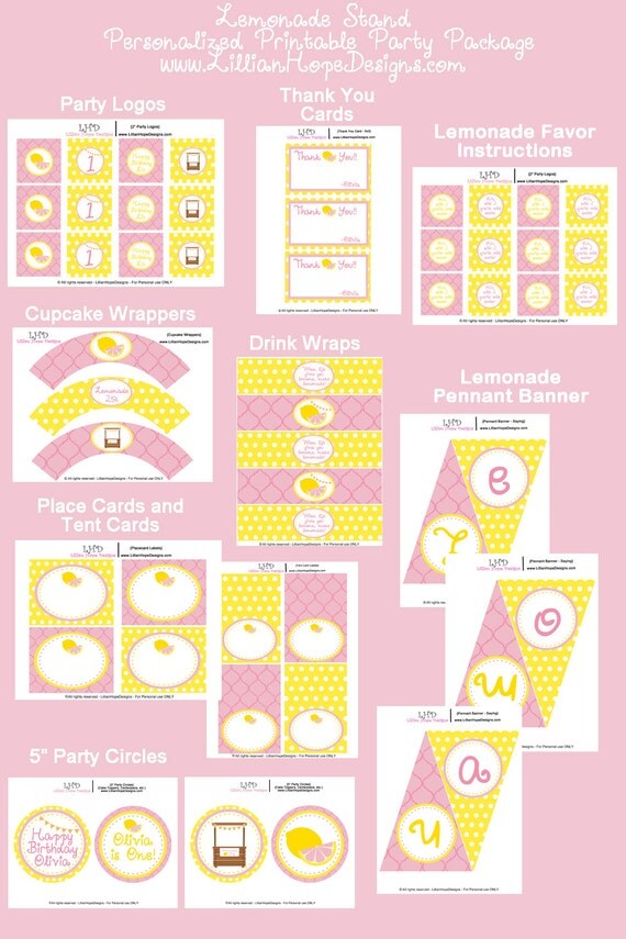Lemonade Party - Pink Lemonade Birthday - PRINTABLE Personalized Package - Girls Birthday Party Il_570xn