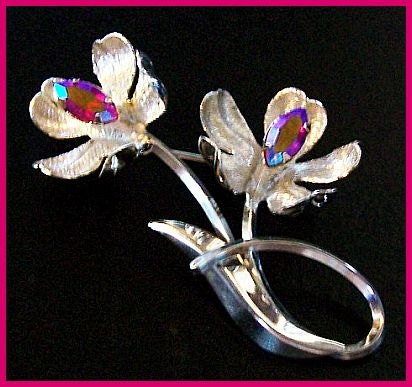 Vintage Brooch Pin Signed STAR-ART Pink Aurora Borealis Rhinestone Sterling Silver 2" VG