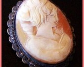 Vintage Cameo Pendant Brooch Victorian Lady Carved Shell Pink White 800 Silver 1 3/4" VG