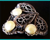 Vintage Edwardian Fur Clip Faux Pearl Sterling Silver Filigree Metal 1 7/8" VG