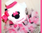 Custom Miss Mouse Pink Black & White Petti Tutu Set Costume - 12 Months to 5T -Birthday Portraits