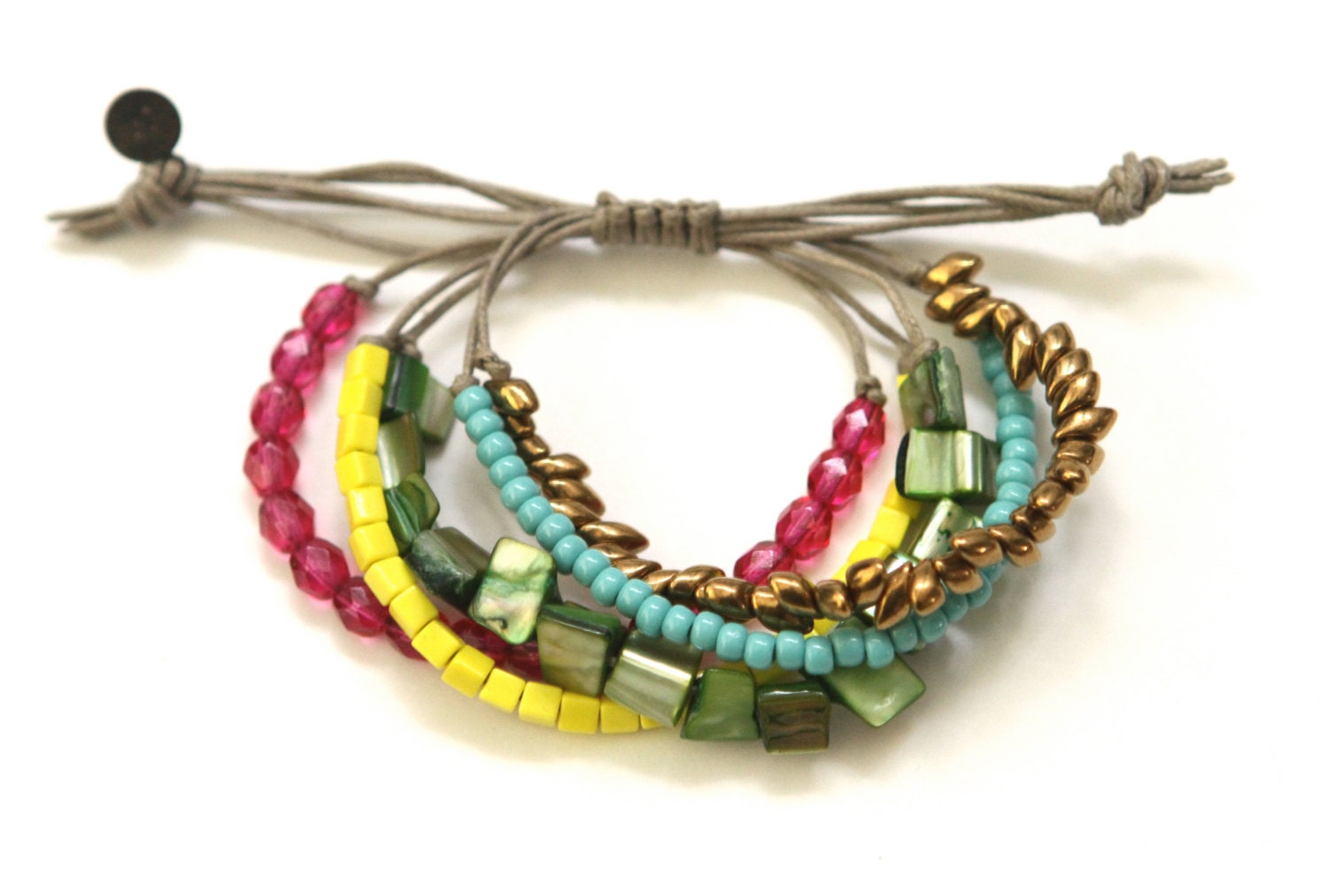 Khaki Waxed Cord Colorful Beaded Beachy Bohemian Bracelet