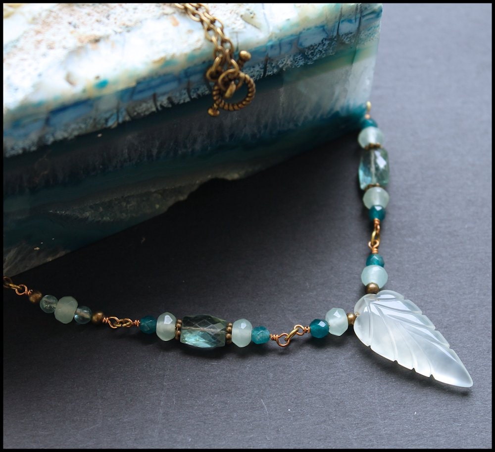 Celadon and Seafoam Gemstone Pendant Necklace with Chalcedony Carved Leaf in Bronze