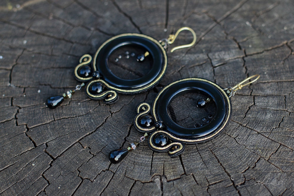 Soutache earrings "Black nights". BIG. Onyx beads, swarovski crystals, sterling silver earwires (gold-plated).