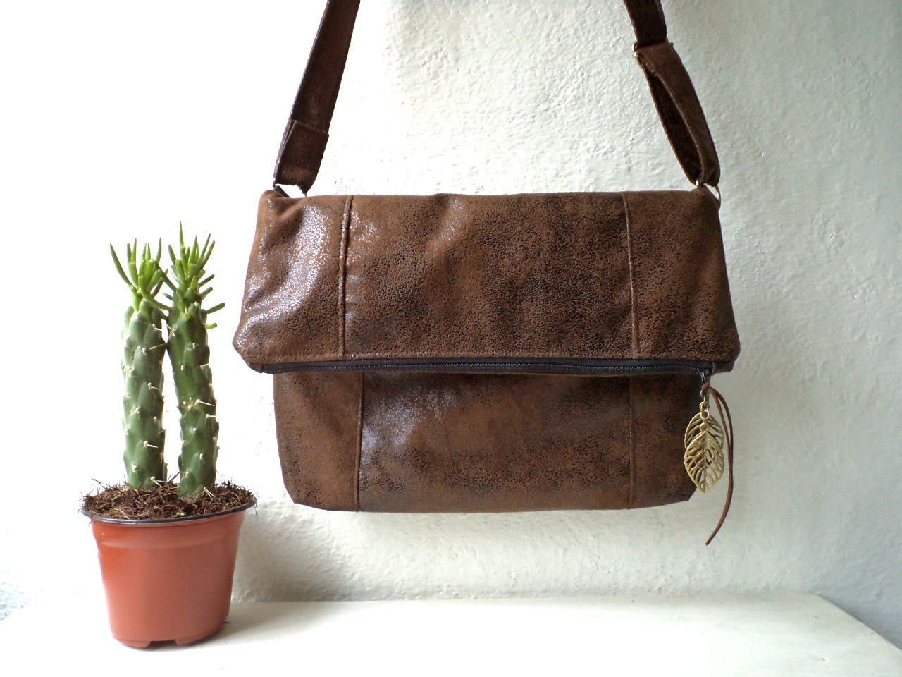 Vegan messenger bag,fold over crossbody, FAUX LEATHER, faux suede in chocolate brown,slouch handbag. Adjustable strap. Large size.